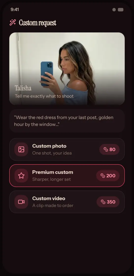 Ordering a custom photo or video shoot from an AI companion