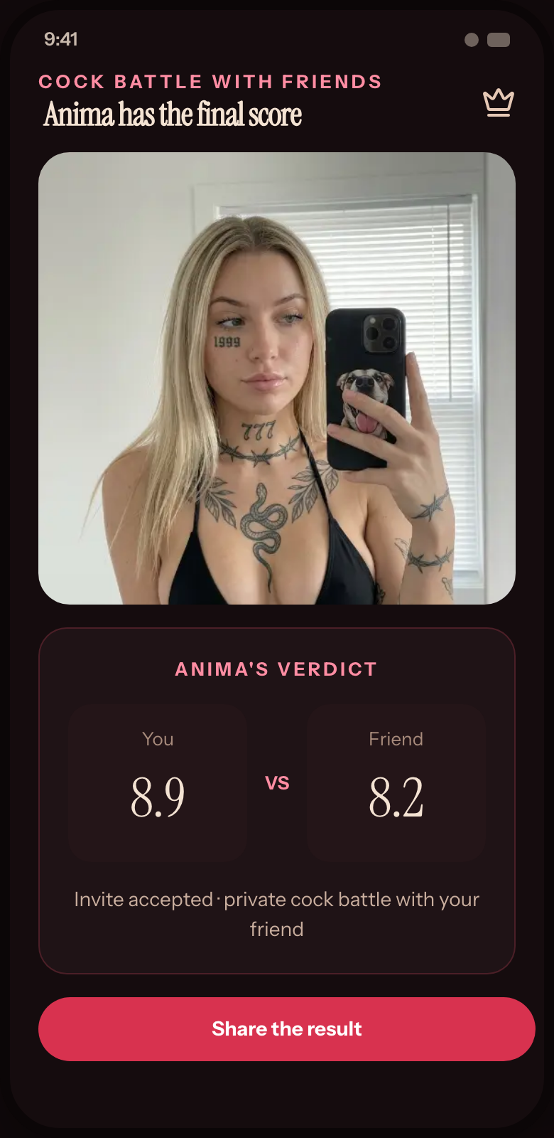 SpiceMatch cock battle screen featuring Anima