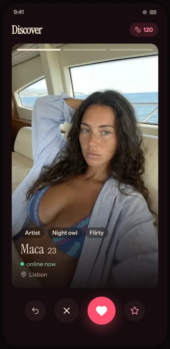 The SpiceMatch swipe deck, matching with an AI companion
