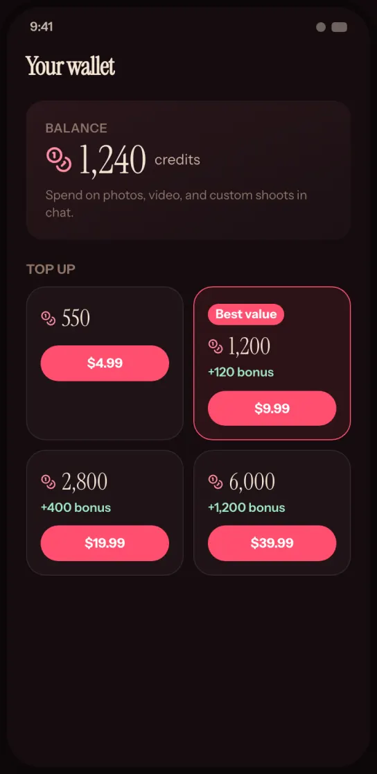 The SpiceMatch wallet: your credit balance and top-up packs